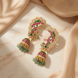 Jadau kundan peacock full earcuff jhumkas with pearl and natural strawberry beads drop