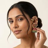 Jadau kundan peacock full earcuff jhumkas with pearl and natural strawberry beads drop