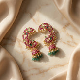 Jadau kundan peacock full earcuff jhumkas with pearl and natural strawberry beads drop