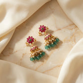 Jadau kundan floral jhumkas with pearl and natural strawberry beads drop