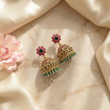 Jadau kundan+Antique floral jhumkas with pearl and onyx beads drop