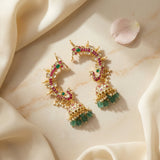 Jadau kundan peacock full earcuff jhumkas with pearl and natural strawberry beads drop