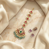 Jadau kundan peacock tika with pearl and natural strawberry beads drop