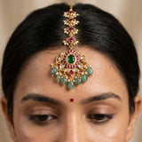 Jadau kundan tika with pearl and natural strawberry beads