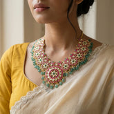 Jadau kundan Bridal long necklace with pearl and natural strawberry beads drop(No Earrings)