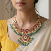 Jadau kundan peacock short necklace with pearl and natural strawberry beads(No earrings)