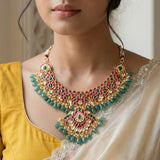 Jadau kundan peacock short necklace with pearl and natural strawberry beads(No earrings)