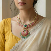 Jadau kundan peacock carving stone necklace with pearl and natural strawberry beads drop(No Earrings)