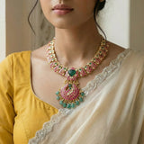Jadau kundan peacock carving stone necklace with pearl and natural strawberry beads drop(No Earrings)