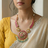 Jadau kundan peacock kanti with pearl and natural strawberry beads