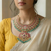 Jadau kundan peacock bridal necklace with pearl and natural strawberry beads drop(No Earrings)