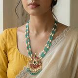 Jadau kundan pendant Pearls/ Beads mala with natural strawberry beads drop(No Earrings)
