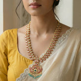 Jadau kundan peacock long mango necklace with pearl and natural strawberry beads(No Earrings)