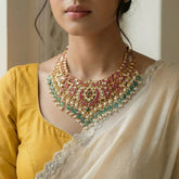 jadau kundan floral necklace with pearl and natural strawberry beads drop(WIthout Earrings)
