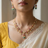 Jadau kundan+moissonite polki chain necklace with pearl (With Earrings)