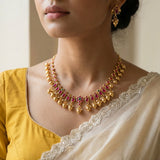 Jadau kundan peacock chain necklace with gold polish balls drop