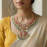 Jadau kundan peacock layer necklace with pearl and natural strawberry beads drop(No Earrings)