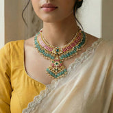 Jadau kundan 2 line necklace with pearl and natural strawberry beads drop(No Earrings)