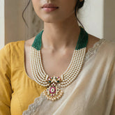 Jadau kundan+ Moissonite polki peacock pendant Pearls/Beads Mala