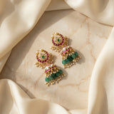 Jadau kundan chand shape jhumkas with pearl and natural strawberry beads drop