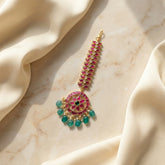 Jadau kundan floral round tika with pearl and natural strawberry beads