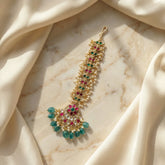 Jadau kundan floral chand tika with pearl and natural strawberry beads