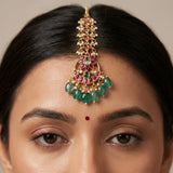 Jadau kundan floral tika with pearl and natural strawberry beads drop