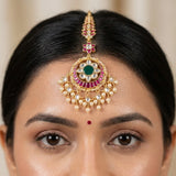 Jadau kundan chand shape bridal tika with pearls