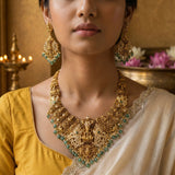 Temple/Antique goddess laxmi peacock long necklace with pearl and natural strawberry beads drop(With Earrings)