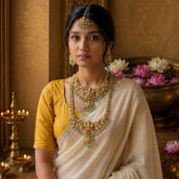 Temple/Antique combo set goddess laxmi necklace with pearl and natural strawberry beads(With Tika And earrings)