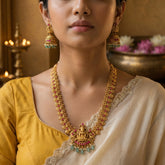 Jadau kundan + Temple/Antique Goddess Laxmi coin peacock necklace with pearl and natural strawberry beads(With Earrings)