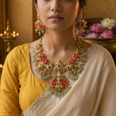 Temple/Antique Goddess Laxmi peacock coral necklace with pearl and natural strawberry beads drop(With Earrings)