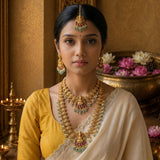 Temple/Antique Goddess Laxmi combo necklace with pearl and natural strawberry beads(Tika and Earrings)