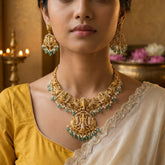 Temple/Antique God Balaji, Ganesh and goddess laxmi necklace with pearl and natural strawberry beads(With Earrings)