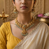 Temple/Antique Goddess laxmi shankh necklace with pearl and natural strawberry beads drop(With Earrings)