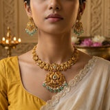 Temple/Antique peacock necklace with pearl and natural strawberry beads drop(With Earrings)