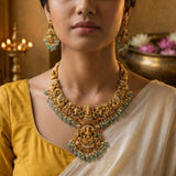 Temple/Antique goddess laxmi and ganesh necklace with pearl and natural strawberry beads(With Earrings)