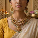 Temple/Antique goddess laxmi elephant long necklace with pearl and natural strawberry beads(With Earrings)