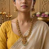 Temple/Antique Goddess laxmi peacock long necklace with pearl and natural strawberry beads drop(With Earrings)