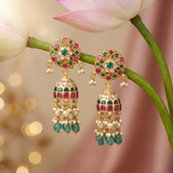 Jadau Kundan Floral Jhumkas with Pearls Natural Strawberry Beads