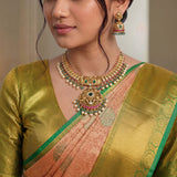 Jadau Kundan + Temple/Antique Peacock Necklace With Pearl & Onyx Beads(With Earrings)