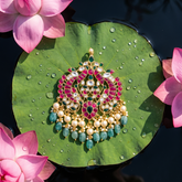 Jadau Kundan Elegant Peacock pendant with Pearl and Natural Strawberry Beads