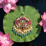 Jadau Kundan Elegant Peacock pendant with Pearl and Natural Strawberry Beads
