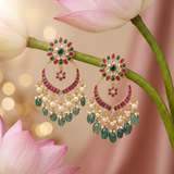 Jadau Kundan Floral Chand Bali With Pearl and Natural Strawberry Beads
