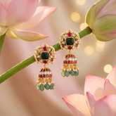 Jadau Kundan craving stone floral Jhumkas with Pearls and Natural Strawberry Beads