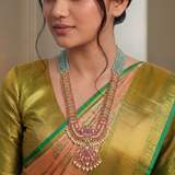 Jadau Kundan Peacock Rani Haram with Pearl and Natural Strawberry Beads