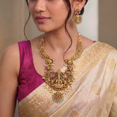 Jadau Kundan + Temple/Antique Goddess Laxmi Elephant and Peacock Necklace with RicePearl & Onyx