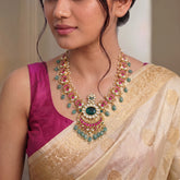 Jadau Kundan floral Chand Bali Necklace with Pearl & Natural Strawberry Beads
