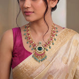 Jadau Kundan floral Chand Bali Necklace with Pearl & Natural Strawberry Beads