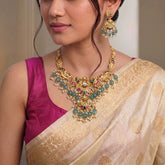 Jadau Kundan + Temple/Antique Peacock Necklace with Pearl & Natural Strawberry Beads
